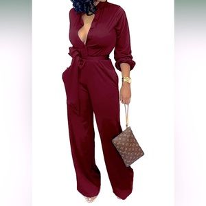 $10 Elegant Jumpsuit Classy Long Sleeves Burgundy Wine Pockets 2X